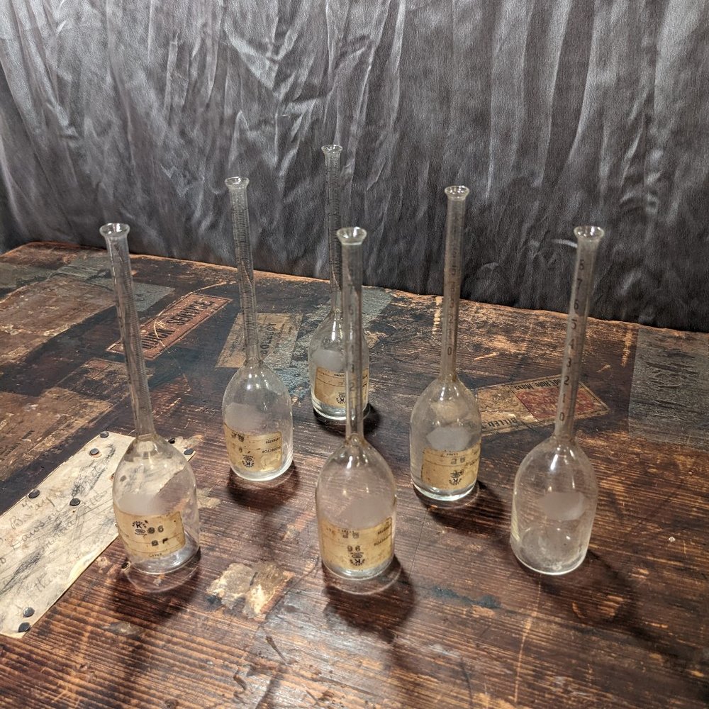 (6) Antique Kimble Brand "For Assurance" Milk Test Bottles 1000-sealed